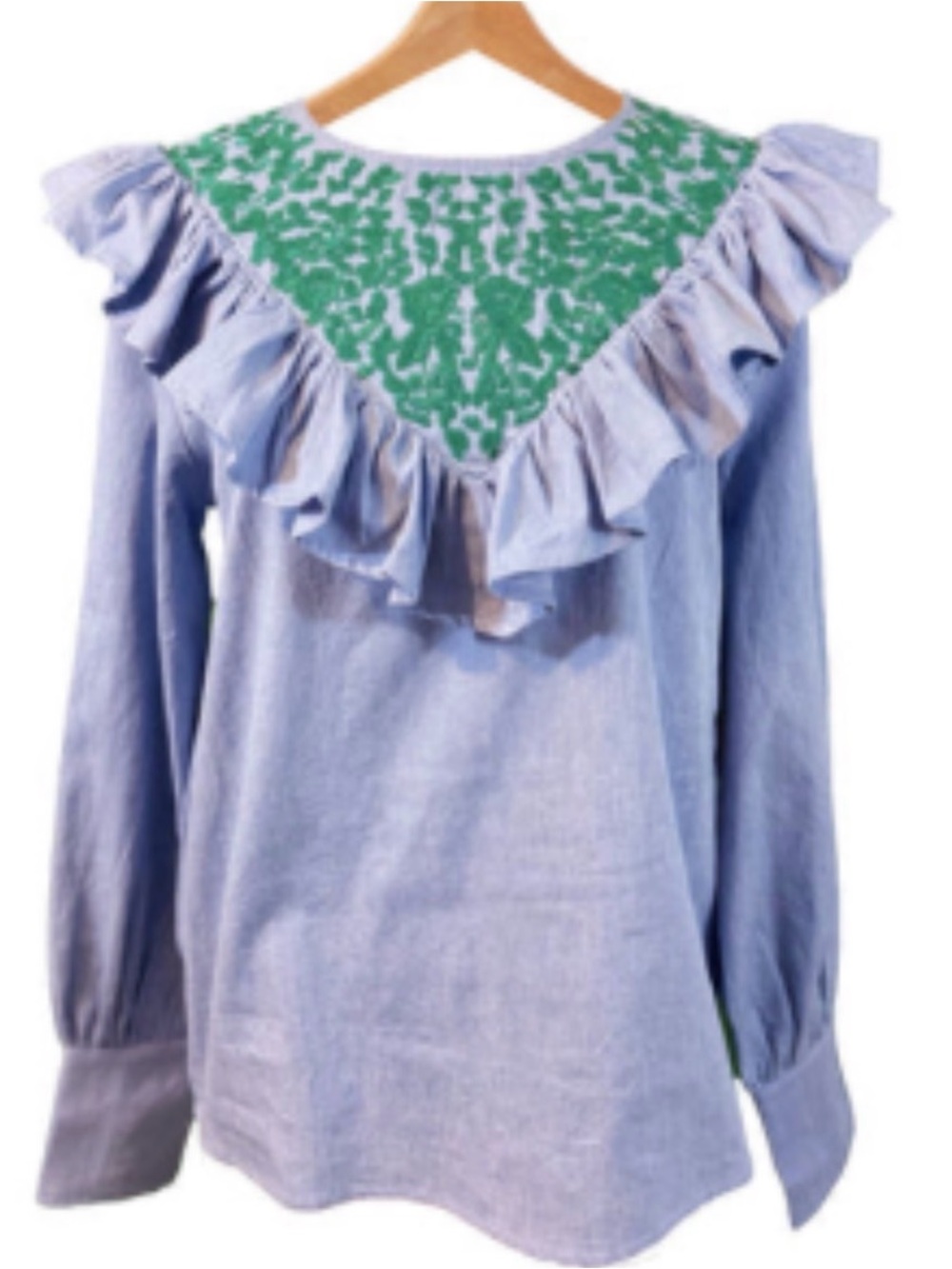 Chambray Ruffled Yoke Blouse with Green Embroidery & Pearl Snaps